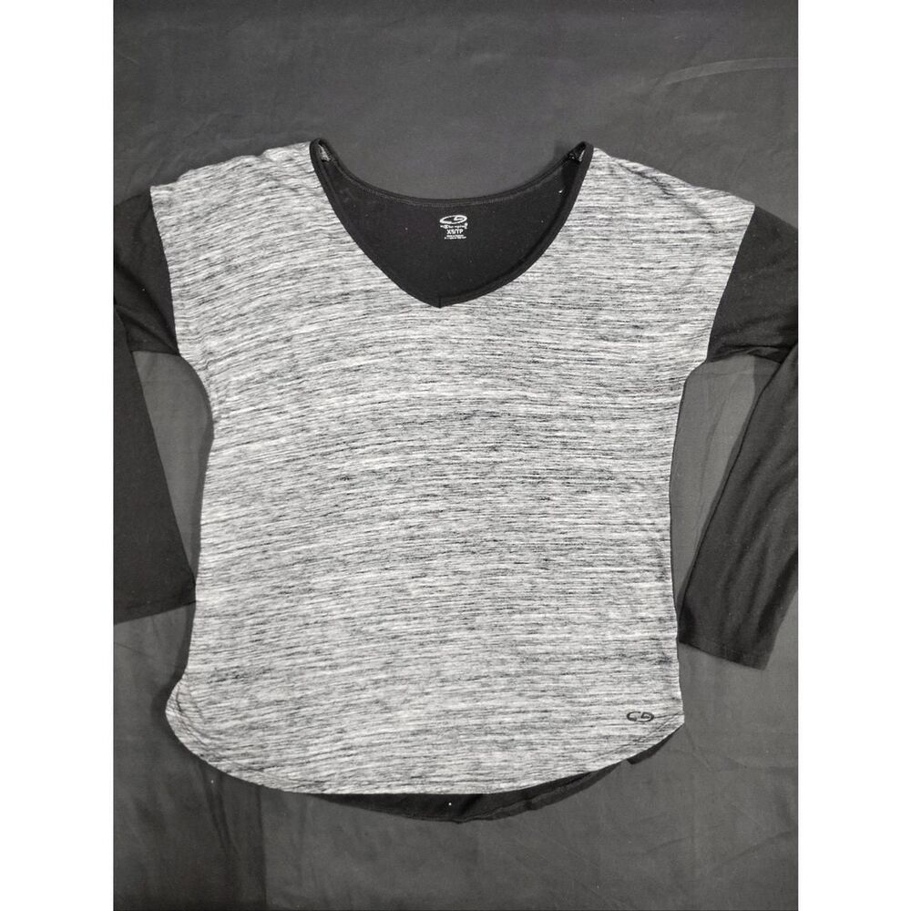 Champion Women's Heathered Grey with Black Raglan Half Sleeve Curved Hem Top